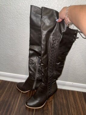 Over-the-Knee Lace-Up Block Heel Boots - Dark Brown